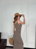 Örgülü Uzun Triko Elbise - Kahve thumbnail 5