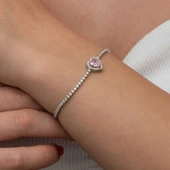 Gümüş Pembe Taşlı Kalpli Su Yolu Bileklik - 5