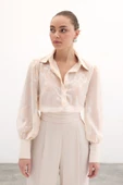 Geniş Manşetli Şifon Gömlek - Bej thumbnail 10