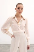 Geniş Manşetli Şifon Gömlek - Bej thumbnail 8