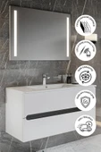 BALNEOM Banyo Kadife Beyaz Parlak Hıgh Gloss Demonte 80 Cm Banyo Dolabı Led Işıklı Aynalı Üst Dolap - 1