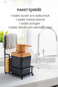 Metal Standlı Süngerli Tekli Siyah Ahşap Akrilik Bulaşık Deterjanı Sıvı Sabunluk 400 ML-Bez Askılığı - 2