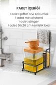 Metal Standlı Süngerli Tekli Şeffaf Ahşap Akrilik Bulaşık Deterjanı Sıvı Sabunluk -Bez Askılığı - 3