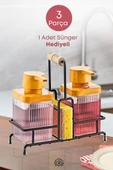 Metal Standlı Şeffaf Ahşap Detaylı Çamaşır Suyu ve Sıvı Sabunluk Banyo Seti-Sünger Hediyeli - 1