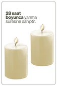 2 Adet Silindir Dekoratif Kokusuz Krem Mum- Hediyelik Blok Mum - 3