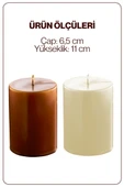 2 Adet Silindir Dekoratif Kokusuz Krem Kahve Mum- Hediyelik Blok Mum - 4