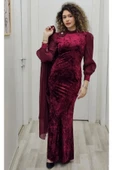 Çiçek Detaylı Çıkarılabilir Etekli Kadife Abiye 2752-Bordo - 4