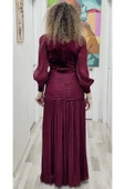 Çiçek Detaylı Çıkarılabilir Etekli Kadife Abiye 2752-Bordo - 6