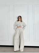 Lucky Life Kadın Uzun Kollu Önü İp Büzgülü  Lucky Life Kadın Crop Ve Pantolon İkili Takım - Gri - 4