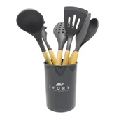Ivory Doğal Bambu Saplı %100 Silikon Mutfak Seti 6 Parça Gri - 1