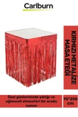 Özel Üretim Püsküllü Işıltılı Doğum Günü Cinsiyet Parti Eğlence 70*250cm Metalize Masa Eteği Kırmızı - 1