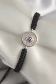 Pirinç Gümüş Renk Zirkon Taşlı Nazar Boncuk İşleme Makrome Asansörlü Model Kadın Bileklik - TJ-BB6787 - 1