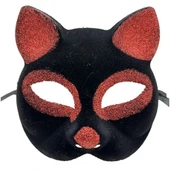 Siyah Kırmızı Simli Süet Kedi Maskesi - 1