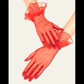 Kısa Boy Likralı Güpürlü Yetişkin Tül Eldiven Kırmızı Renk thumbnail 3