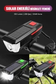 Su Geçirmez Güneş Enerjili Led Işıklı Bisiklet Farı - Kornalı Usb Ile Şarj Edilebilir Fener 11 Cm - 1