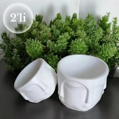 2 Li Havelka Buddha Suratlı Beyaz Boyalı Dekoratif Saksı Vazo Set - 4