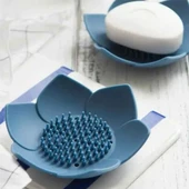 Lotus Desenli Sabun Ve Sünger Tutacağı Silikon (MAVİ) Su Giderli Lotus Şekilli Şık Katı Sabunluk - 3