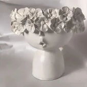 Dekoratif Çiçeklik Seramik Vazo Çiçekli Kız Beton Saksı Boyasız - 7