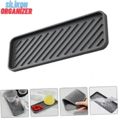 3 Adet Gri Silikon Yağdanlık Standı 23x10 cm Çok Amaçlı Organizer Sunumluk Sabunluk Altlığı Seti thumbnail 5