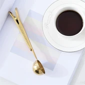 Paslanmaz Çelik Çay Kahve Bitki Çayı Mutfak Ölçü Kaşığı ve Paket Klipsi Gold - 4