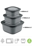 Flora Mikrodalga Saklama Kabı 6’lı Set, Buzluk Buzdolabı Mikrodalga Uygun Kapaklı Set 2x(600-1100-1800ml) Füme thumbnail 2
