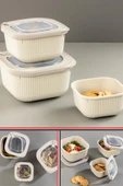 Flora Mikrodalga Saklama Kabı 6’lı Set, Buzluk Mikrodalga Uygun Kapaklı Özel Set 2x(600-1100-1800ml) Krem - 3