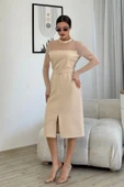 Boncuk İşlemeli Kemerli Abiye Elbise 6013-Bej - 2