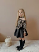 KIZ ÇOCUK FİYONK MODELLİ DÜŞÜK OMUZ LEOPAR BADİLİ ETEKLİ TAKIM thumbnail 1