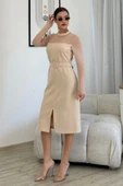 Boncuk İşlemeli Kemerli Abiye Elbise 6013-Bej - 1