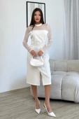 Boncuk İşlemeli Kemerli Abiye Elbise 6013-Beyaz - 2