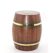 Pirinç Ahşap Fıçı Kumbara 18 Cm - 1