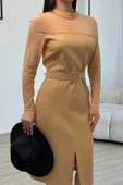 Boncuk İşlemeli Kemerli Abiye Elbise 6013-Camel thumbnail 2