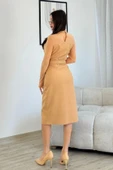 Boncuk İşlemeli Kemerli Abiye Elbise 6013-Camel thumbnail 4