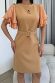Saten Kol Volanlı Boncuk İşlemeli Kemerli Abiye Elbise 6012-Camel thumbnail 4