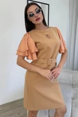 Saten Kol Volanlı Boncuk İşlemeli Kemerli Abiye Elbise 6012-Camel thumbnail 2