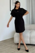 Saten Kol Volanlı Boncuk İşlemeli Kemerli Abiye Elbise 6012-Siyah - 4