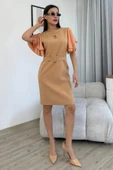 Saten Kol Volanlı Boncuk İşlemeli Kemerli Abiye Elbise 6012-Camel thumbnail 3