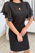 Saten Kol Volanlı Boncuk İşlemeli Kemerli Abiye Elbise 6012-Siyah - 3
