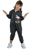Kız Bebek Üzerinde Flamingo Baskılı Önü Fermuarlı Kapüşonlu Füme Tulum thumbnail 1