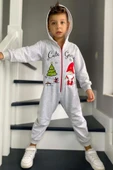 Kız Erkek Bebek Üzerinde Noel Baba ve Ağaç Önü Fermuarlı Kapüşonlu Gri Tulum thumbnail 6