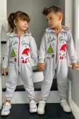 Kız Erkek Bebek Üzerinde Noel Baba ve Ağaç Önü Fermuarlı Kapüşonlu Gri Tulum thumbnail 1