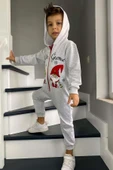 Kız Erkek Bebek Üzerinde Noel Baba ve Ağaç Önü Fermuarlı Kapüşonlu Gri Tulum thumbnail 4
