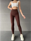 Nonofit Yüksek Bel Düz Sporcu Tayt - Kahve thumbnail 3