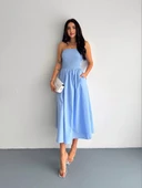 Straplez Pileli Elbise - Açık Mavi - 3
