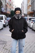 Samuray Kapşonlu ZIP Fermuarlı Çift Kapşonlu Nakışlı SweatShirt- Siyah - 3