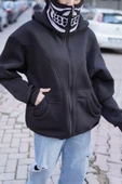 Samuray Kapşonlu ZIP Fermuarlı Çift Kapşonlu Nakışlı SweatShirt- Siyah - 1