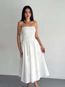 Straplez Pileli Elbise - Beyaz - 4