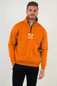 Oversize Yarım Farmuarlı Yakalı Özel Tasarım Basic SweatShirt - Turuncu - 1
