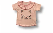 Eterelle 6-9 9-12 12-18 Ay Vip Kedi Baskılı Bandanalı Kısa Kollu Sweat 3lü Kız Bebek Takımı Pudra - 2