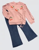 Eterelle 4-5-6 Yaş Kot Pantolonlu Kiraz Desenli Penye Sweat Uzun Kollu 2li Kız Çocuk Takımı Gül Kurusu - 1